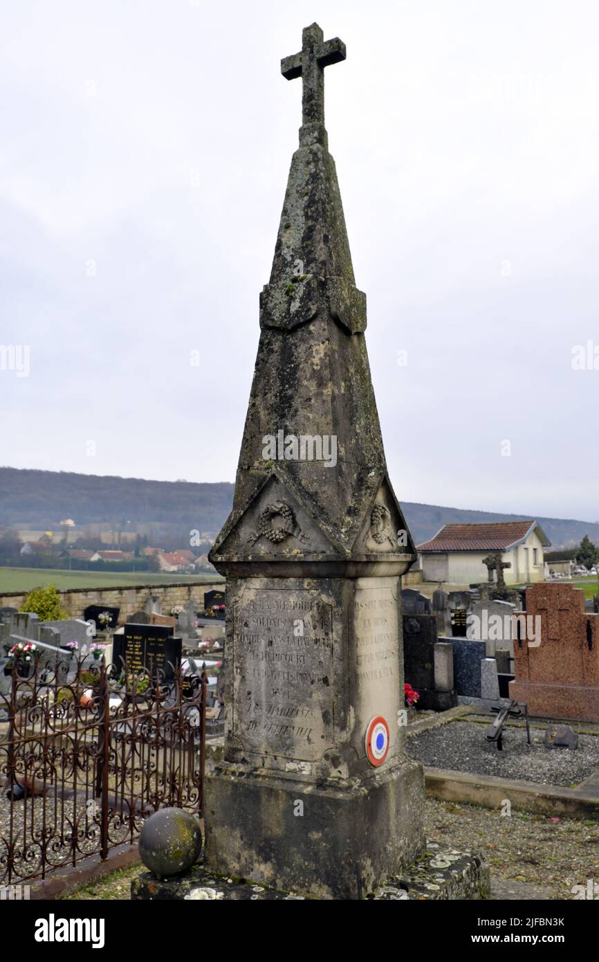 France, Haute Saone, Hericourt, cemetery, monument to the war of 1870-71, In Memory of the French soldiers who fell in the battle of Héricourt on January 15, 16, 17 and 18, 1871 Stock Photo