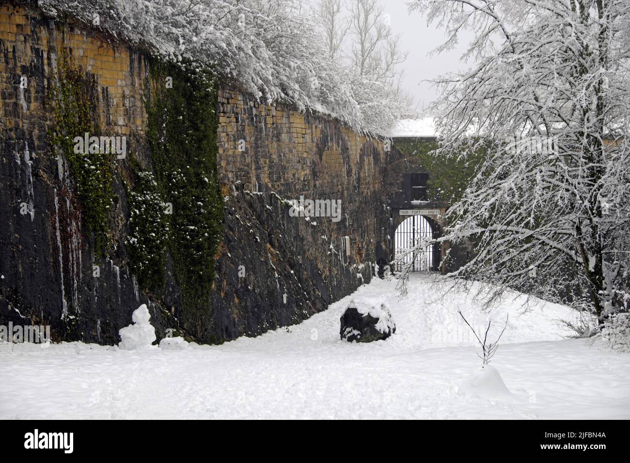 France, Territoire de Belfort, Belfort, Miotte fort built from 1831, entrance, winter, snow Stock Photo