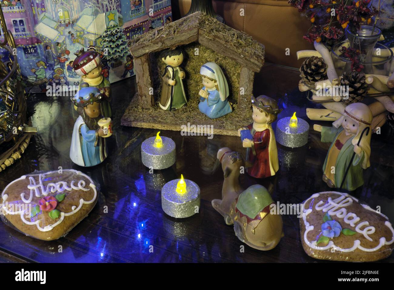 France, Territoire de Belfort, Belfort, house, Christmas decorations and lights, Christmas crib Stock Photo