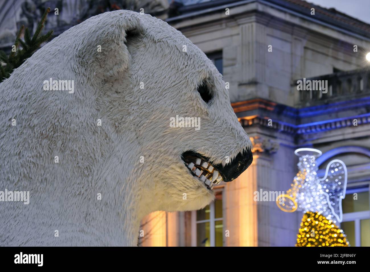 France, Doubs, Montbeliard, Place Saint Martin, polar bear, Christmas decorations and illuminations Stock Photo