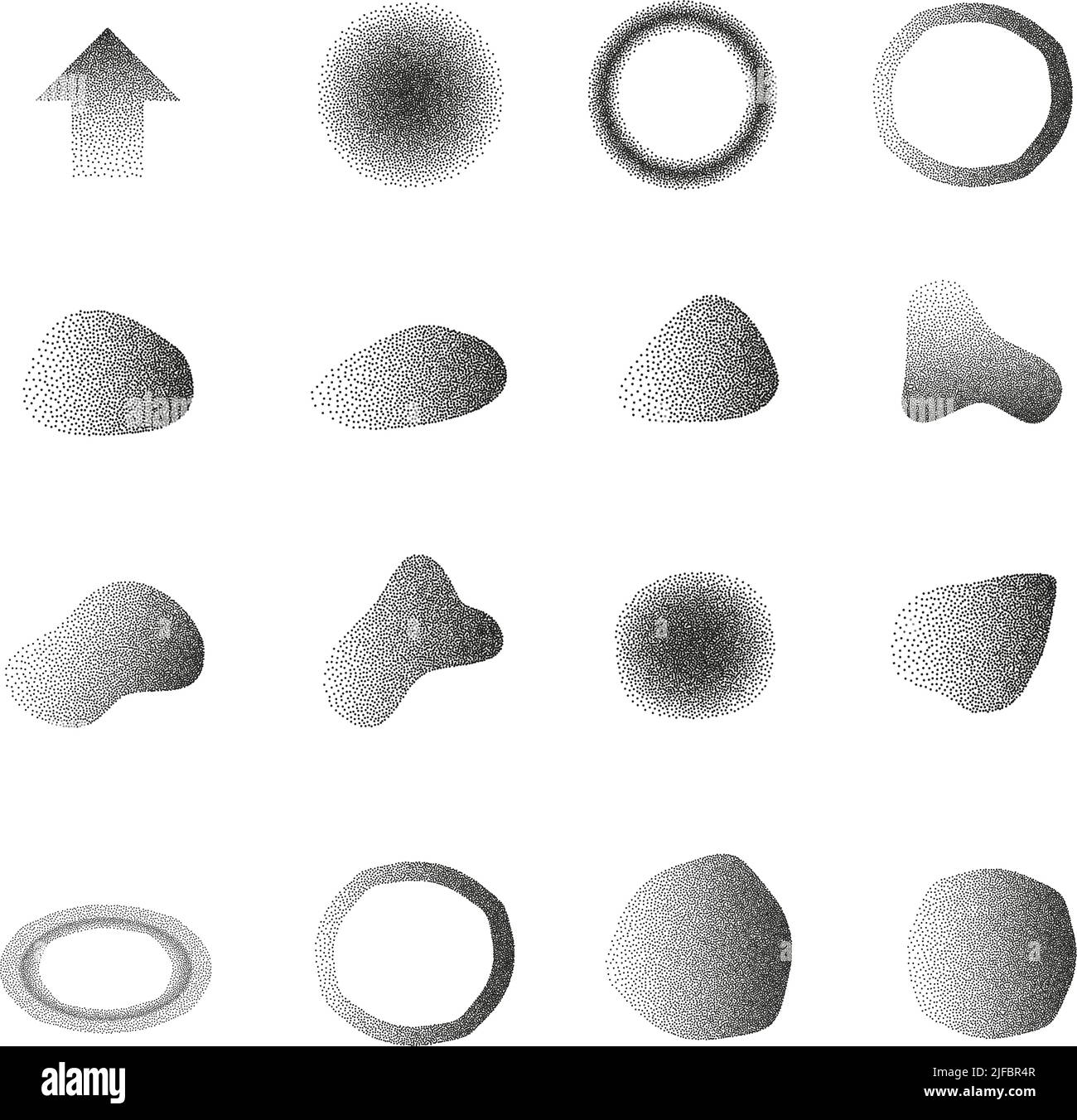 collection of abstract and geometric shapes with stipple gradient effect isolated on white background, design element vector illustration Stock Vector