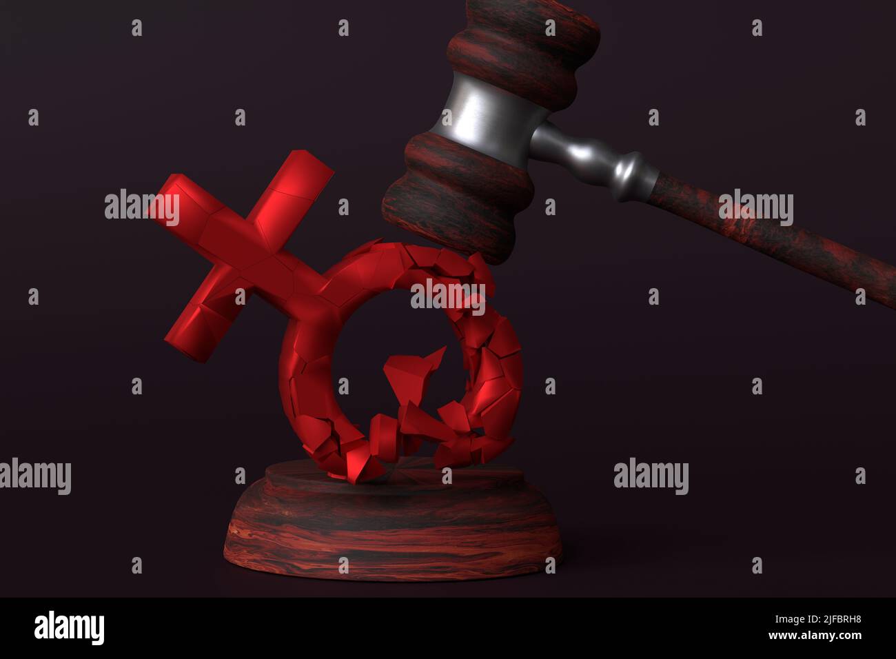 The concept of violation of women's rights. The judge's gavel hits the women's sign. Roe vs Wade