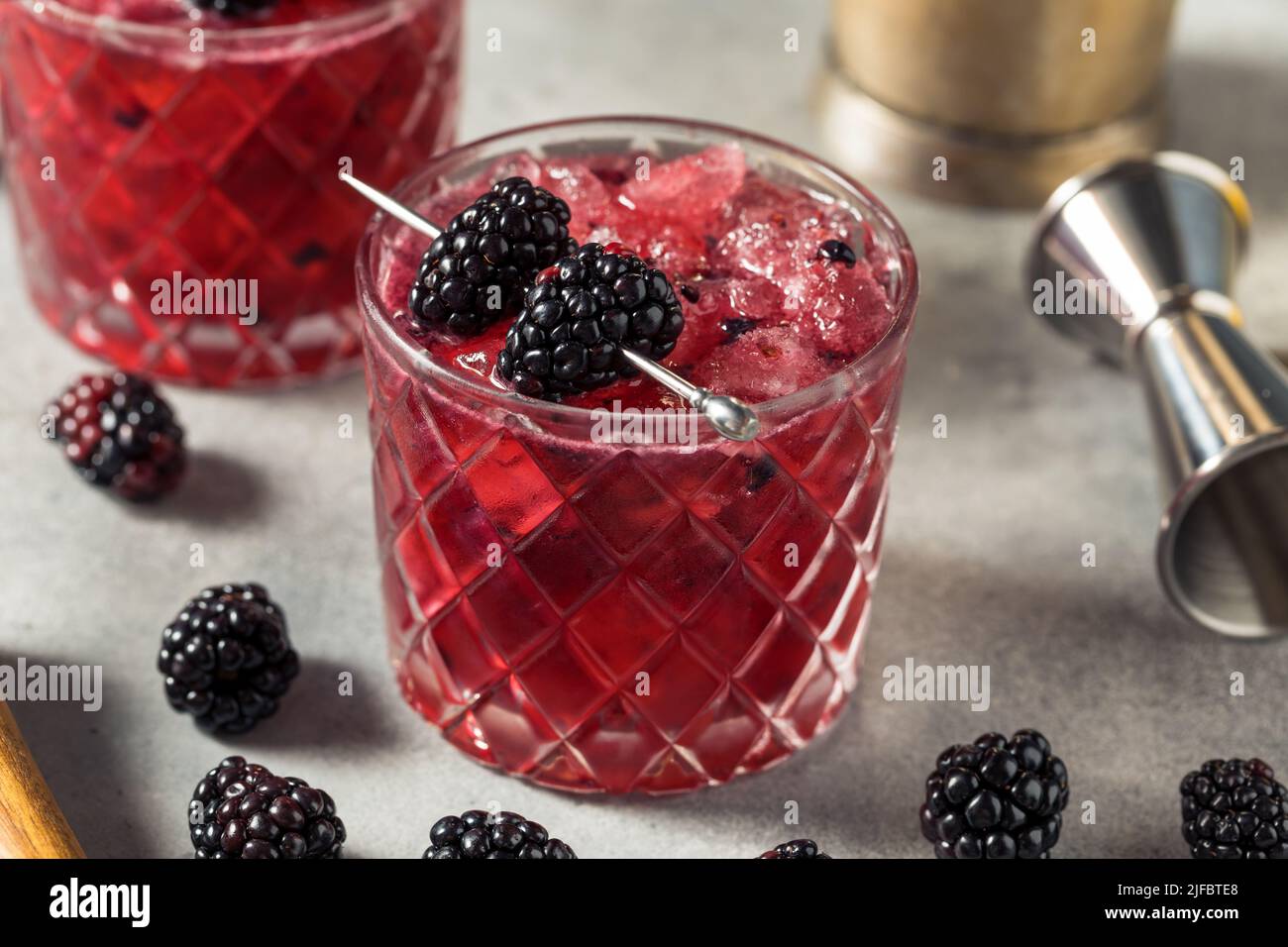 Boozy Refreshing Bramble Blackberry Cocktail with Vodka and Lemon Stock Photo