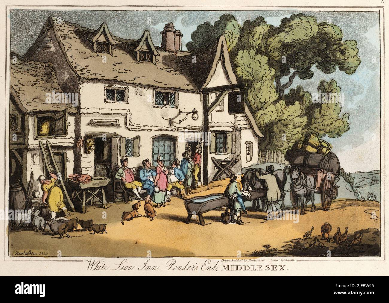 White Lion Inn, Ponders End, London, Middlesex, from “ Sketches from Nature” 1822 Artist: Thomas Rowlandson (1756-1827) an English artist and caricaturist of the Georgian Era. A social observer, he was a prolific artist and print maker.  Credit: Thomas Rowlandson/Alamy Stock Photo