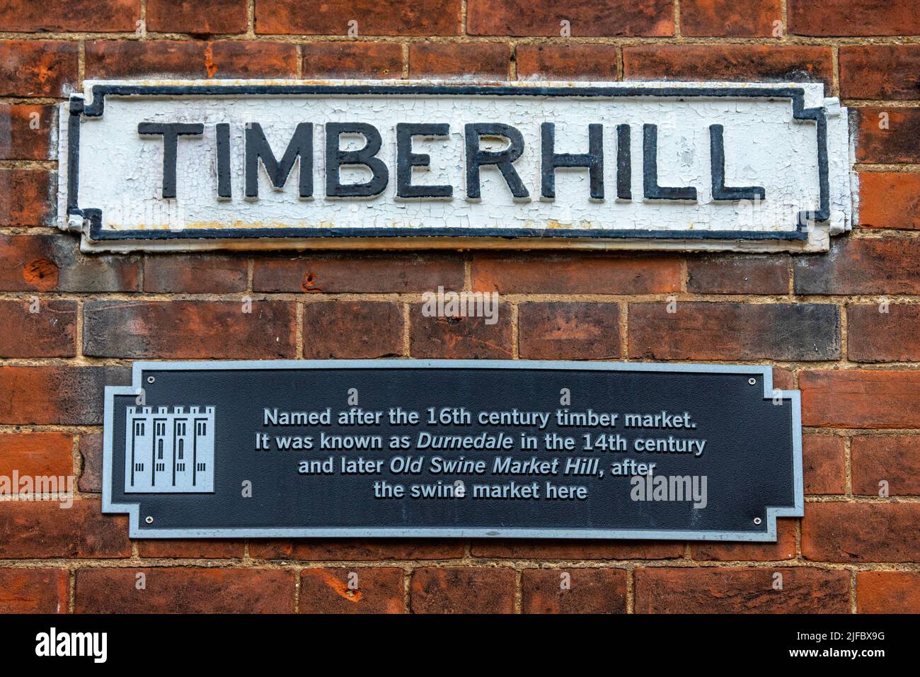 Street sign for Timberhill and information sign detailing the history of the location, in the city of Norwich in Norfolk, UK. Stock Photo