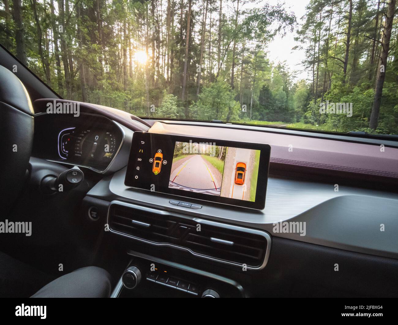 Minsk, Belarus - June 2022: Geely SUV media system screen Geely Coolray car. Stock Photo
