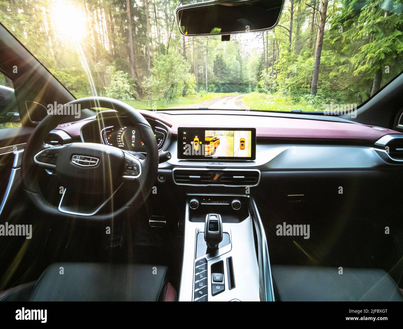Minsk, Belarus-June 2022: Geely Coolray's car steering wheel and dashboard. Stock Photo