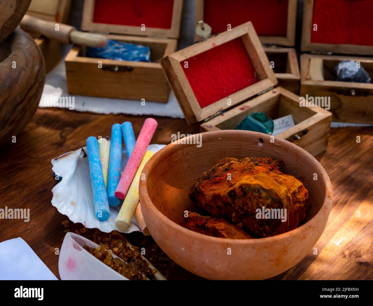 artist painter's table, tools to create colors such as mortar Stock Photo