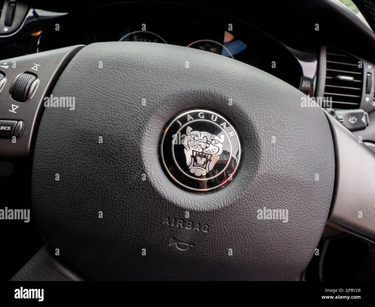 Jaguar car steering wheel badge Stock Photo