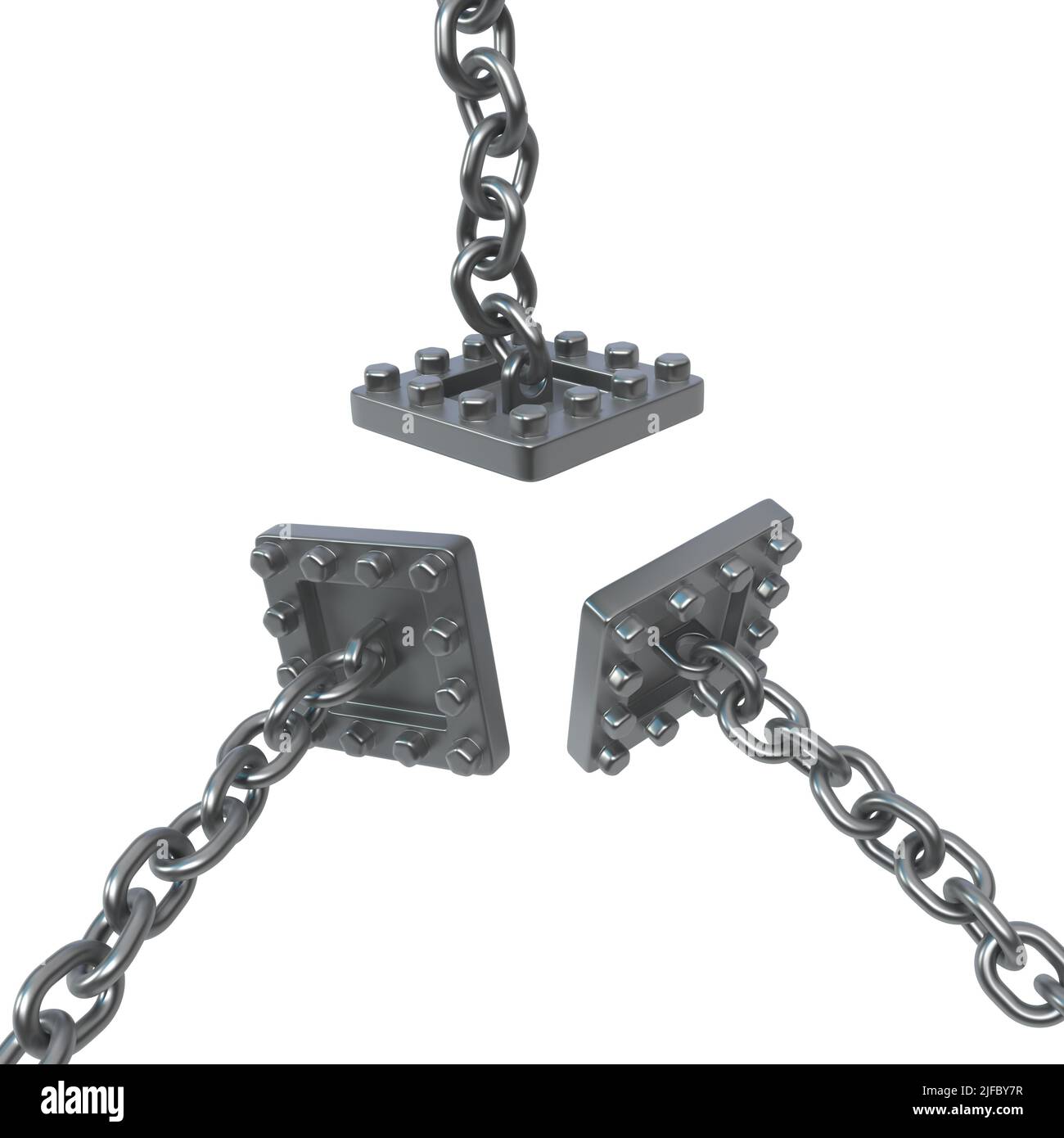 Chain plate triple, dark grey metal 3d illustration, isolated, horizontal, over white Stock Photo