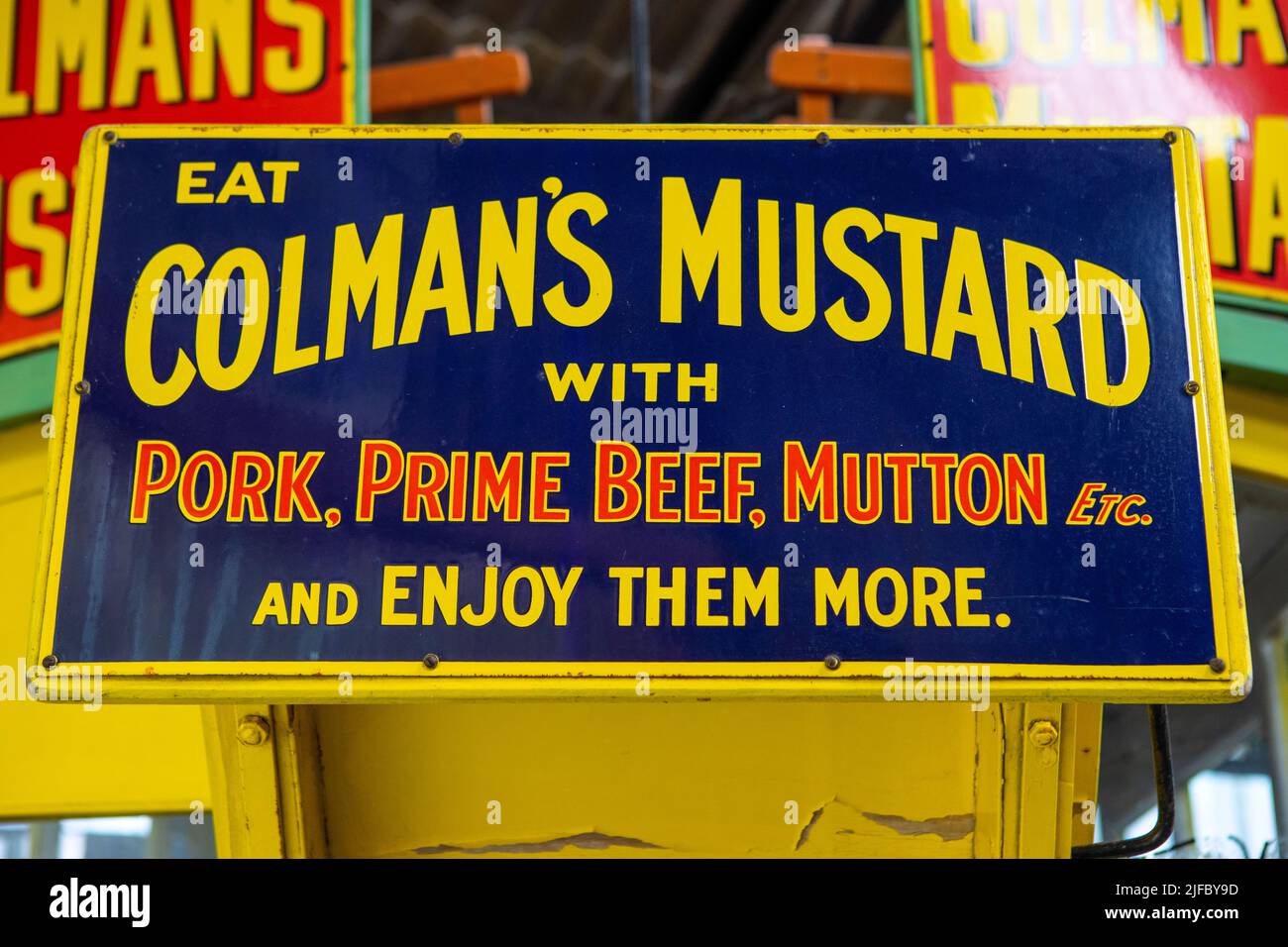 Norfolk, UK - May 17th 2022: Close-up of a vintage Colmans Mustard advert. Stock Photo