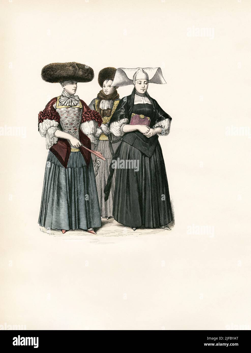 Woman with Broad Hat, Woman in Winter Dress, Woman in Mourning (1670), Strasbourg, 17th Century, Illustration, The History of Costume, Braun & Schneider, Munich, Germany, 1861-1880 Stock Photo
