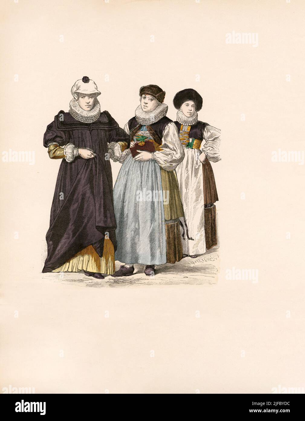 Three Women from Strasbourg and Basel (1640),  German mid-17th Century Fashion, Illustration, The History of Costume, Braun & Schneider, Munich, Germany, 1861-1880 Stock Photo