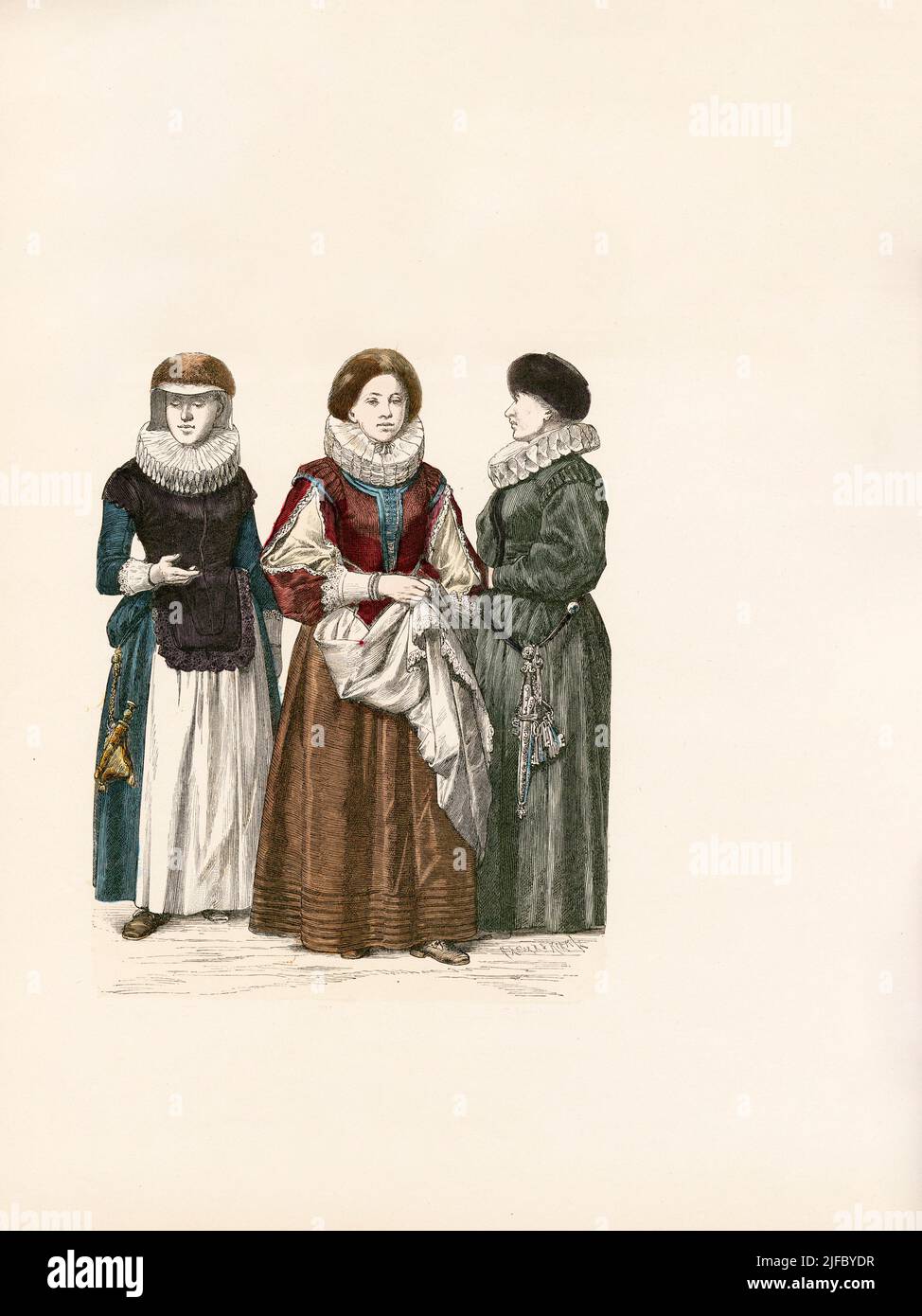Three Women from Frankfurt on Main, Palatinate, Swabian, German mid-17th Century Fashion, Illustration, The History of Costume, Braun & Schneider, Munich, Germany, 1861-1880 Stock Photo