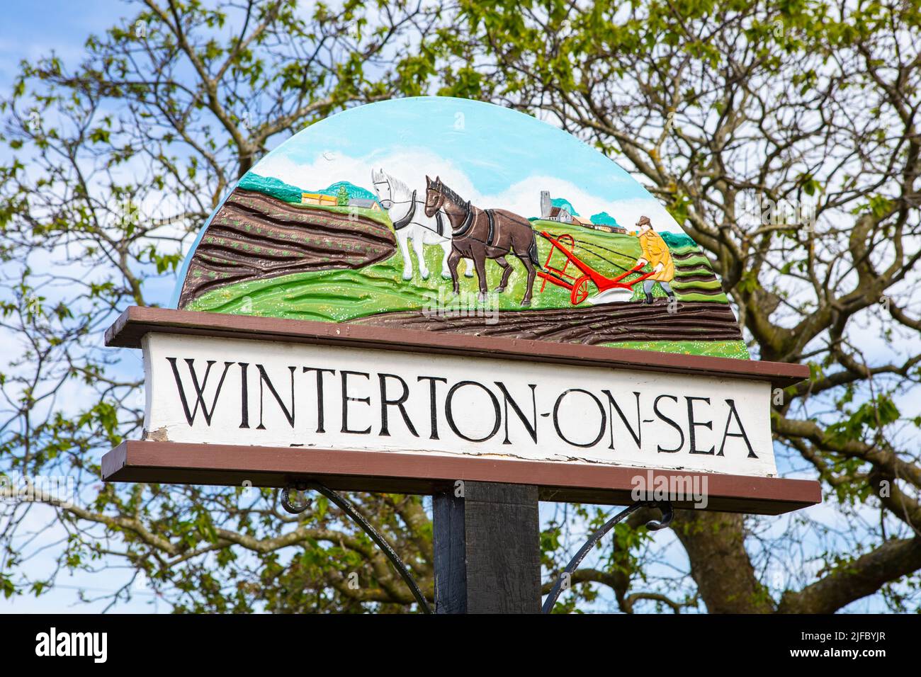 Norfolk, UK - May 17th 2022: Traditional sign in the lovely coastal village of Winterton-on-Sea in Norfolk, UK. Stock Photo