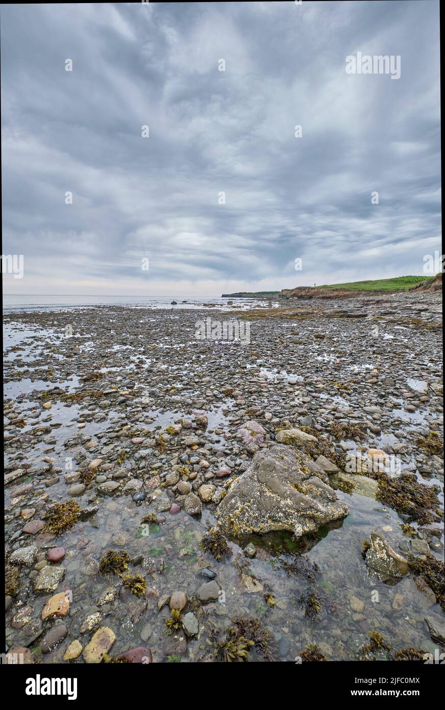 Photograph of a rocky ocean floor at low tide near the shore of Big Glace Bay Beach. Stock Photo