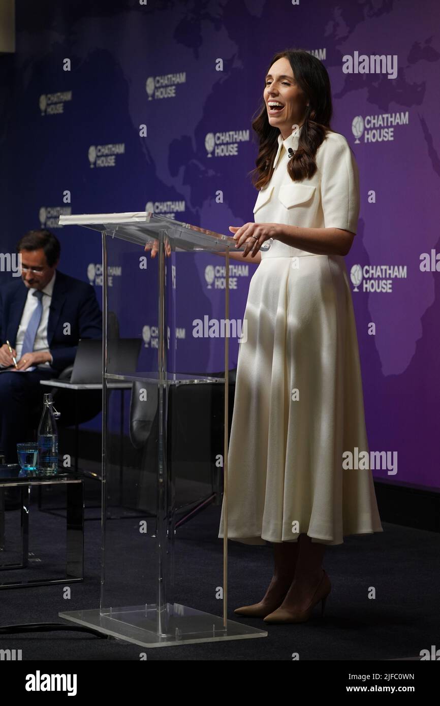 New Zealand's Prime Minister Jacinda Ardern discusses the country's international outlook and navigating international challenges from climate change to geopolitical competition at Chatham House, London. Picture date: Friday July 1, 2022. Stock Photo