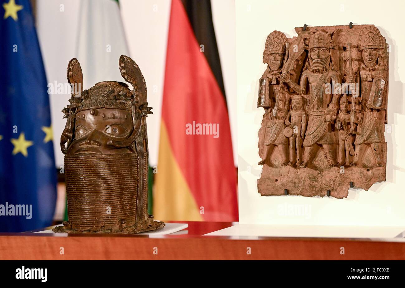 Berlin, Germany. 01st July, 2022. The Benin bronzes on the verge of