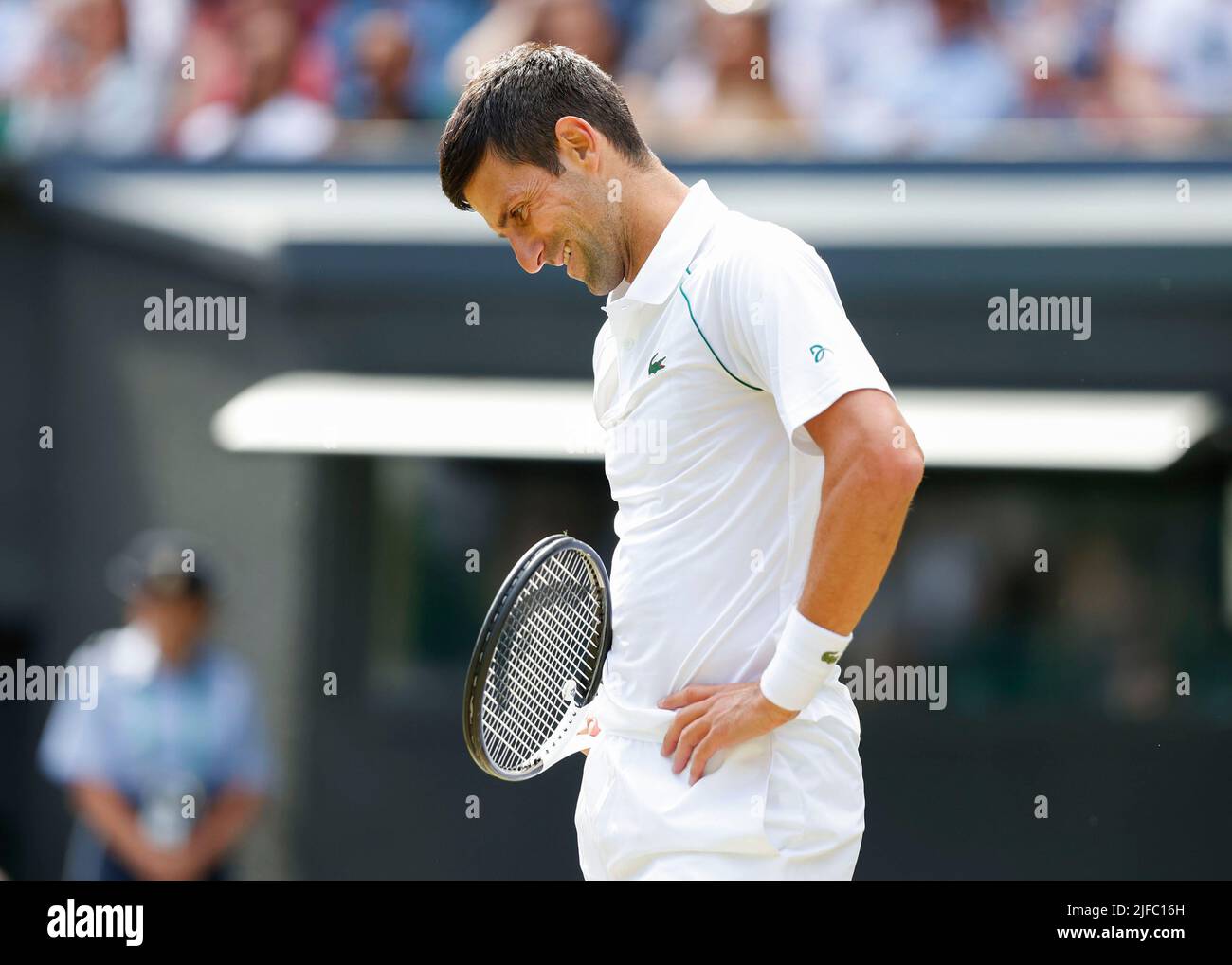 London, UK. 1st. July, 2022. Serbian  tennis player Novak Djokovic reacts at the Wimbledon 2022  Championships on Friday 1 July 2022.,  © Juergen Hasenkopf / Alamy Live News Stock Photo