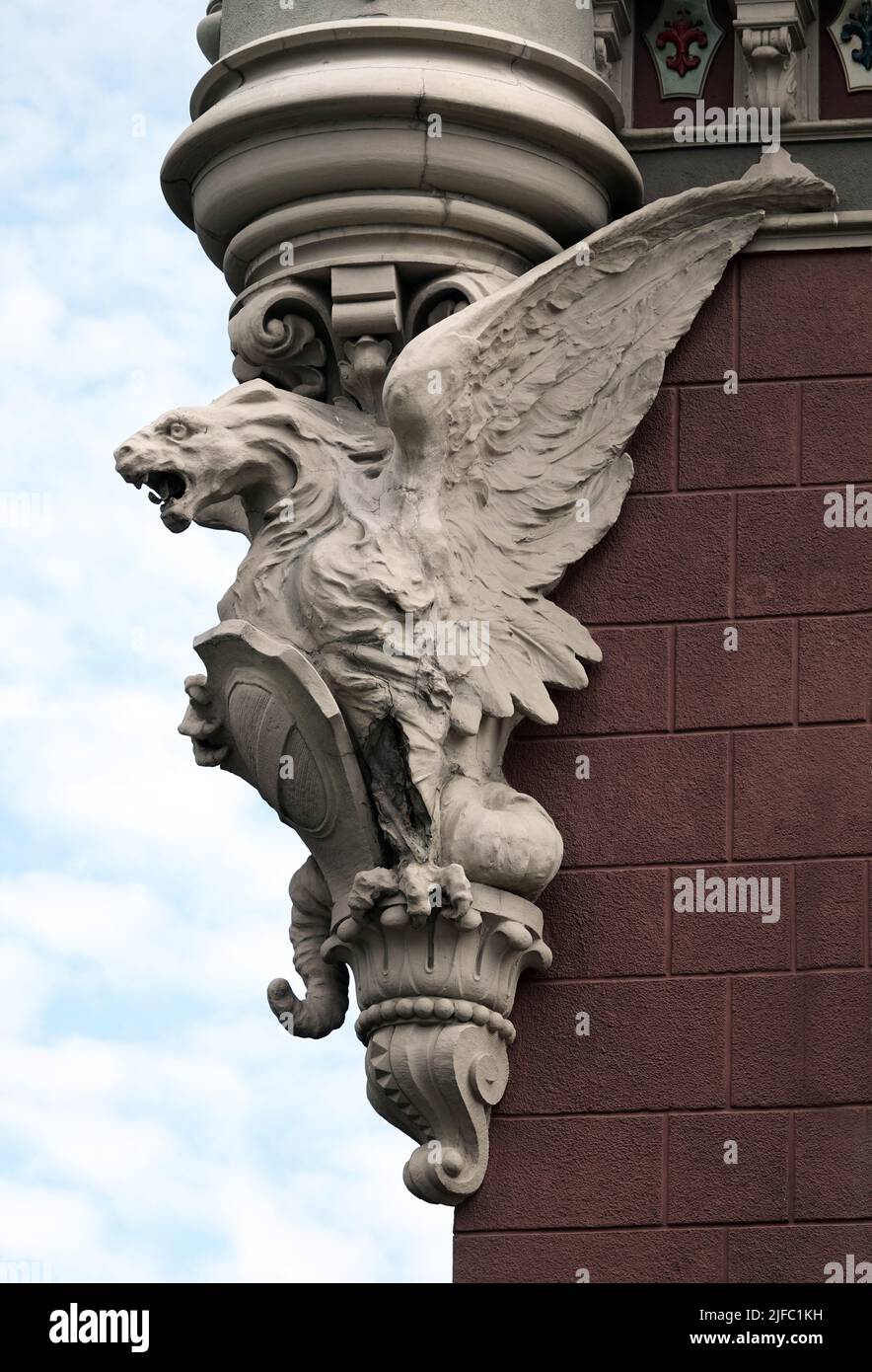 Kiev, Ukraine June 10, 2021 Sculpture of the Griffin Lion in the