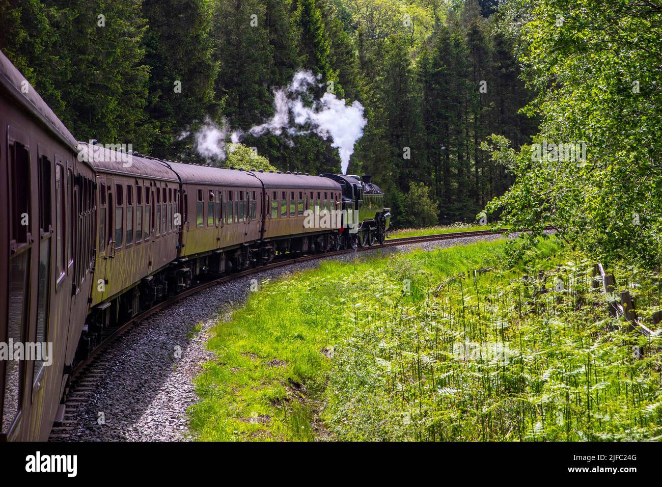 Onboard the magnificent North Yorkshire Moors Railway that runs through the North Yorkshire Moors National Park in the UK. Stock Photo