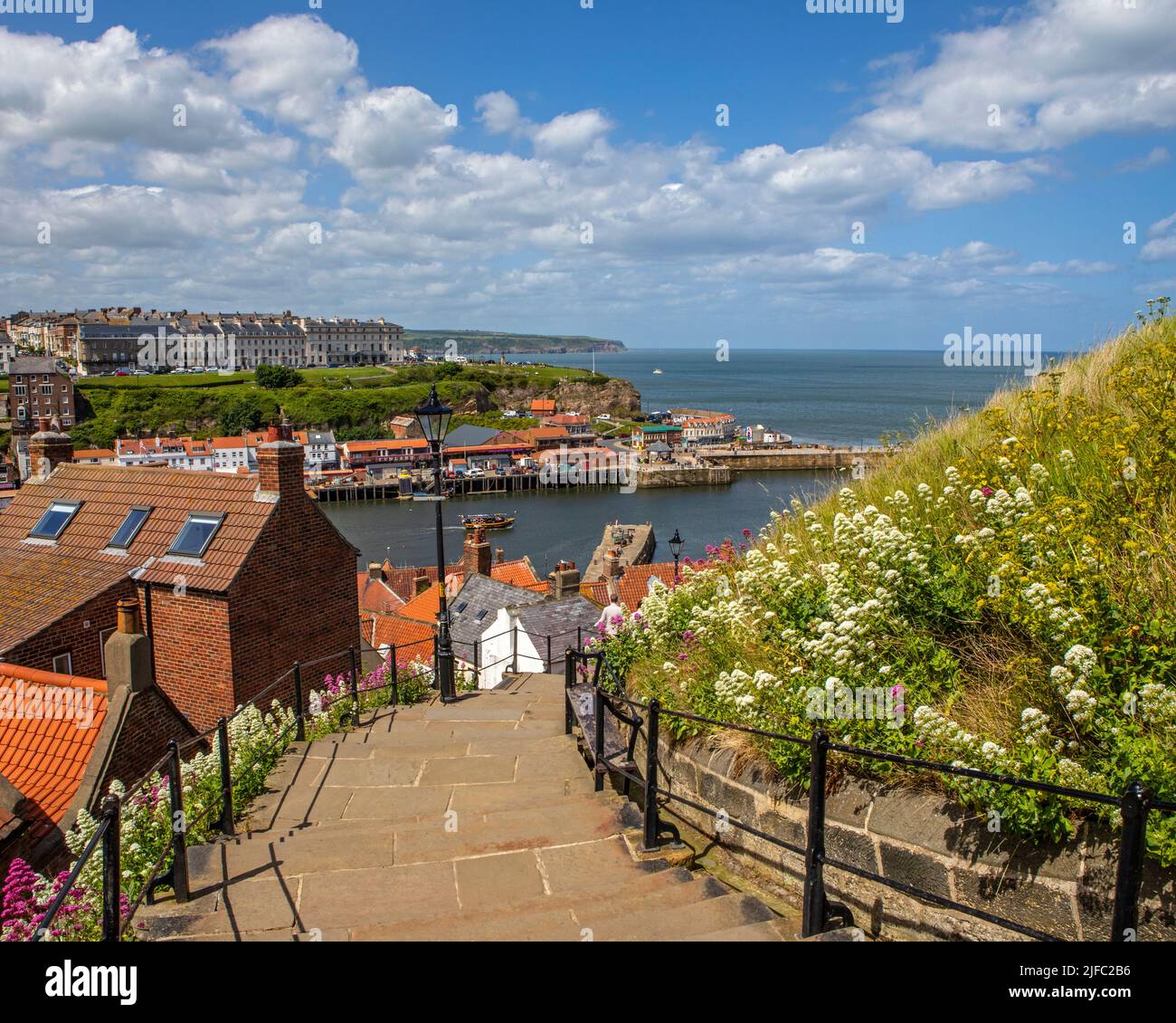 The stunning view from the 199 Steps, looking over the seaside town of Whitby in North Yorkshire, UK. Stock Photo