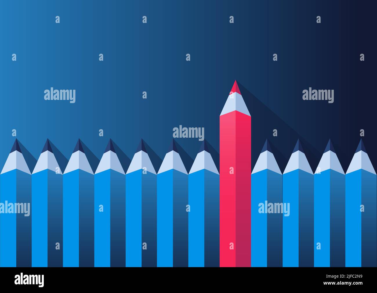 Vector illustration of line of blue pencils and one red pencil. Business concept for ideation, creativity, brainstorming, cost reduction and recession Stock Vector