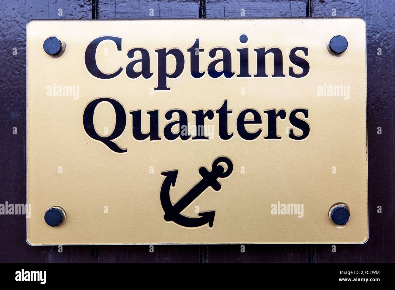 Close-up of a Captains Quarters Sign on a Door. Stock Photo