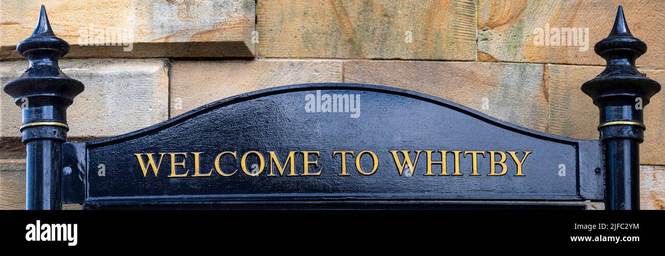 Weclome to Whitby sign in the seaside town of Whitby in North Yorkshire, UK. Stock Photo