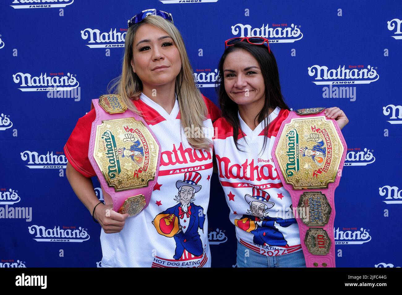 World Champion Miki Sudo and the 2021 Women World Champion Michelle Lesco  pose for a picture ahead of Nathan's Famous Fourth of July International  Hot Dog-Eating Contest in New York, U.S., July