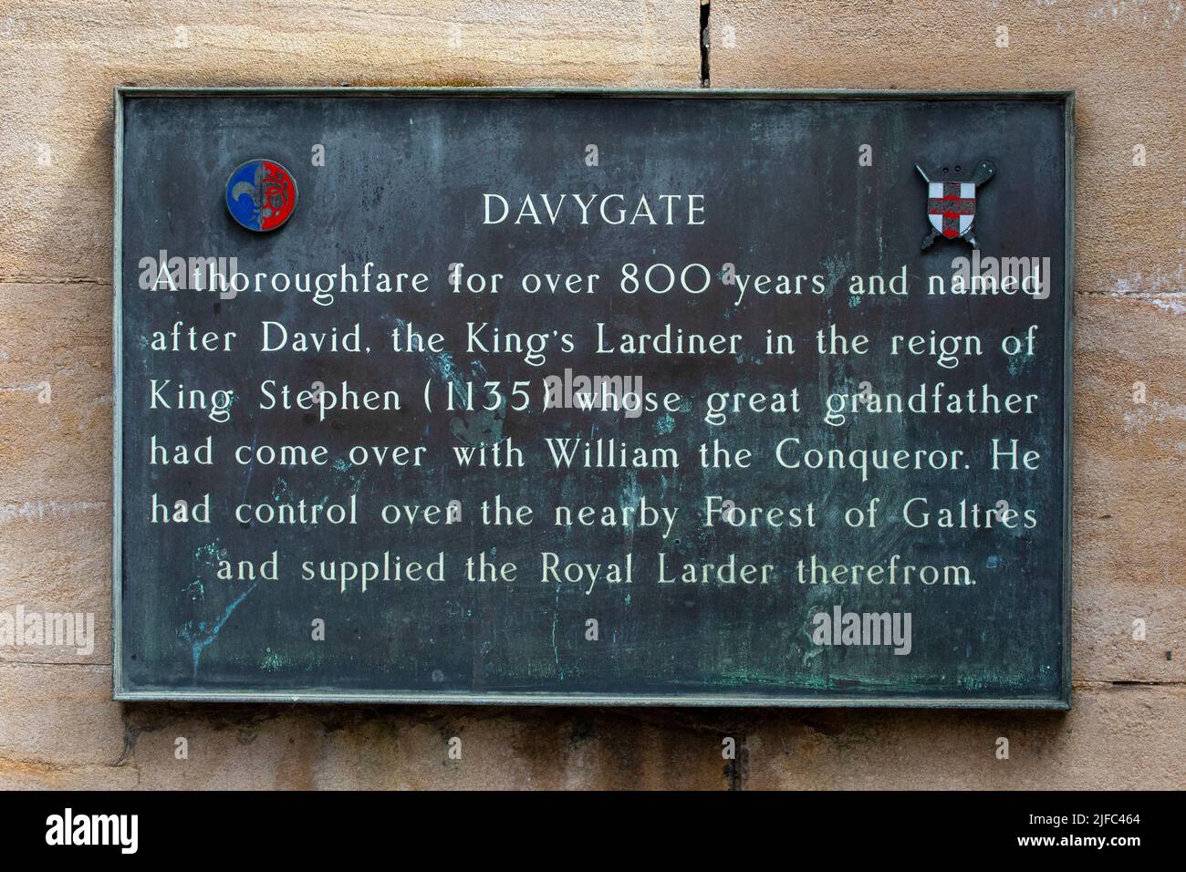 York, UK - June 6th 2022: An information plaque in the city of York, uk, detailing the history of Davygate - a thoroughfare in the city for over 800 y Stock Photo