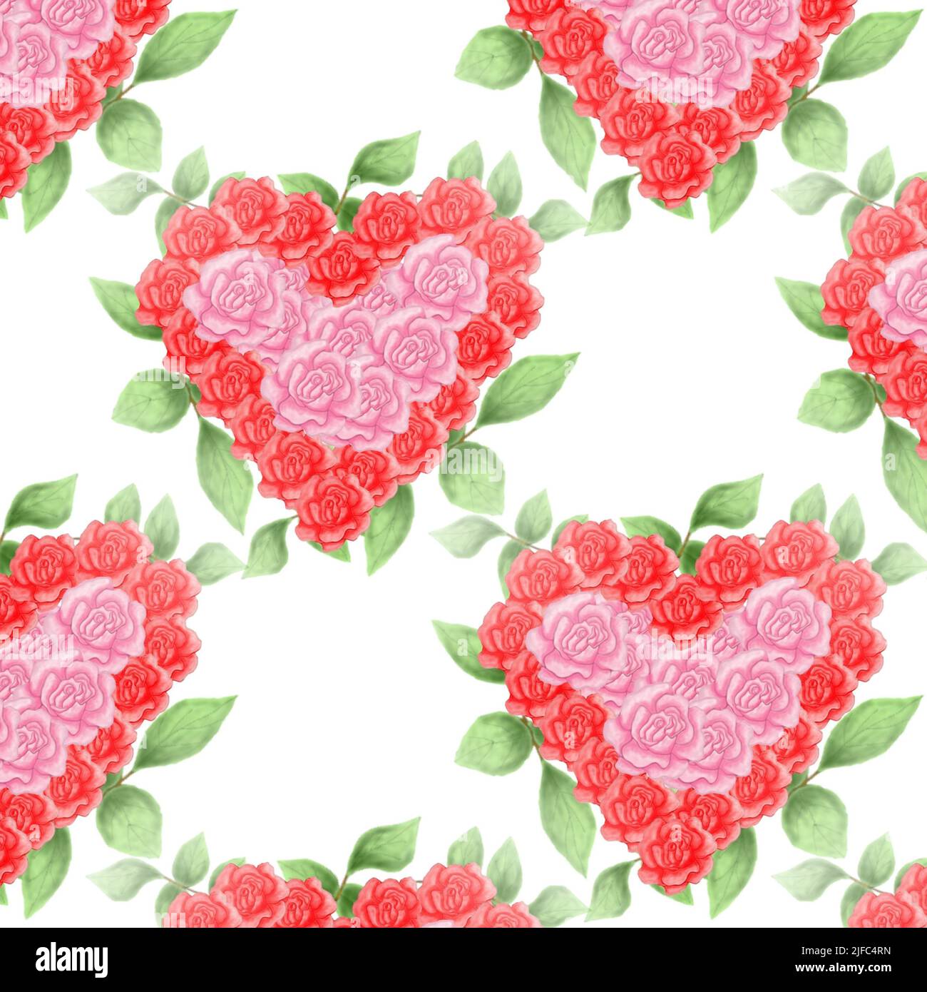 Some red and pink flowers in heart form surrounded by leaves on a white ...