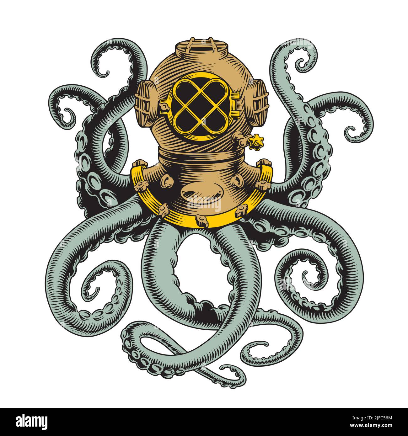 Octopus and vintage diver helmet. Kraken tentacles. T-shirt design, tattoo or label. Comic style vector illustration Stock Vector