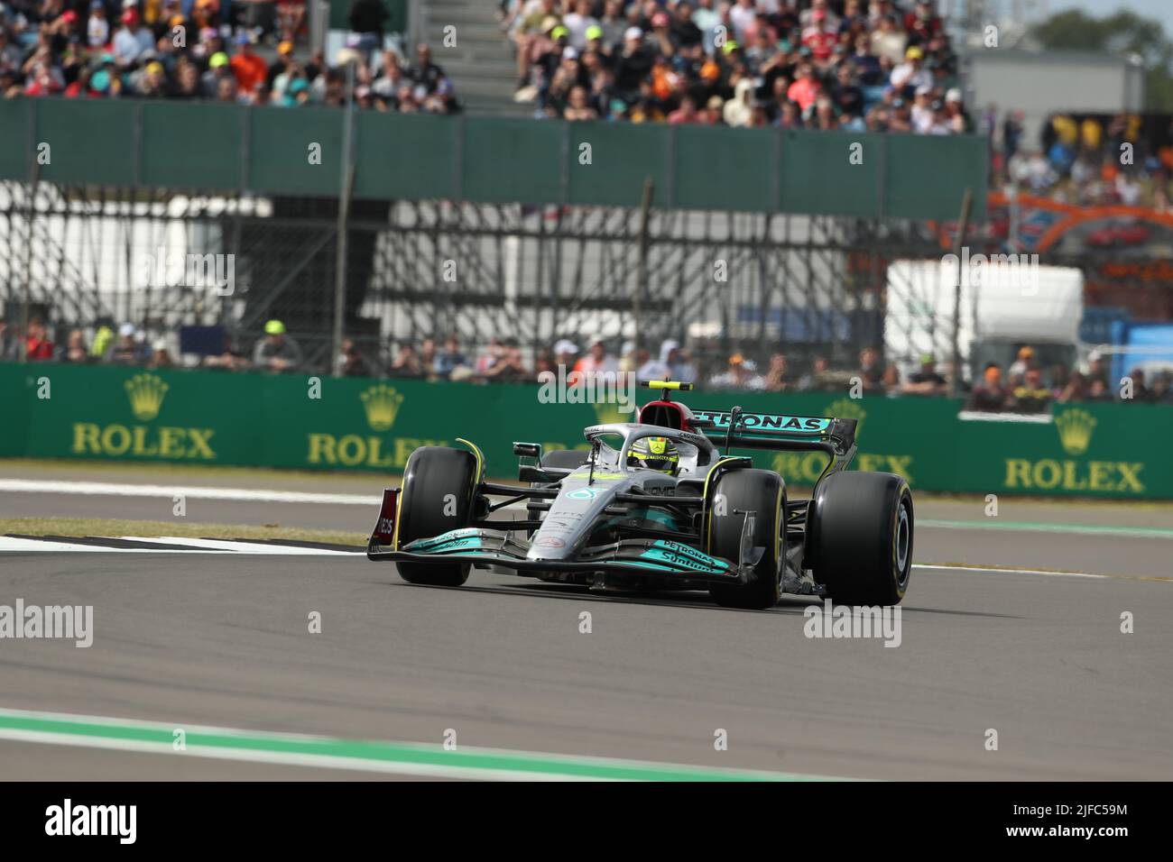 Silverstone, UK. 01st July, 2022. 1st July 2022,  Silverstone Circuit, Silverstone, Northamptonshire, England: British F1 Grand Prix, free practice day: Mercedes AMG Petronas F1 Team, Lewis Hamilton Credit: Action Plus Sports Images/Alamy Live News Stock Photo