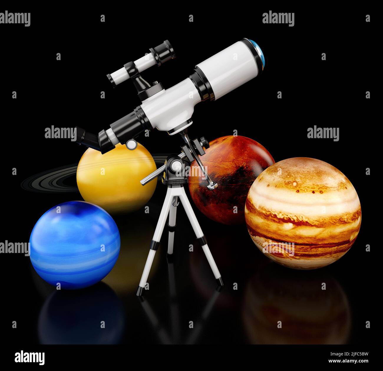 3d Illustration of telescope and of solar system, clipping path