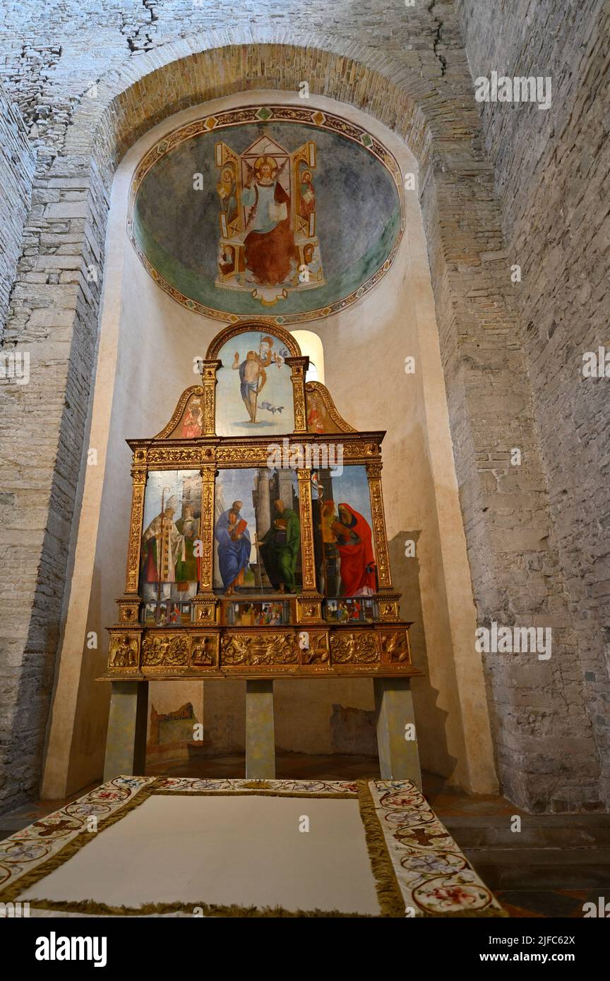 Aquileia, Italy. 19 June 2022. Interior view of the Basilica of Aquileia. Polyptych of the pilgrims from San Daniele Stock Photo