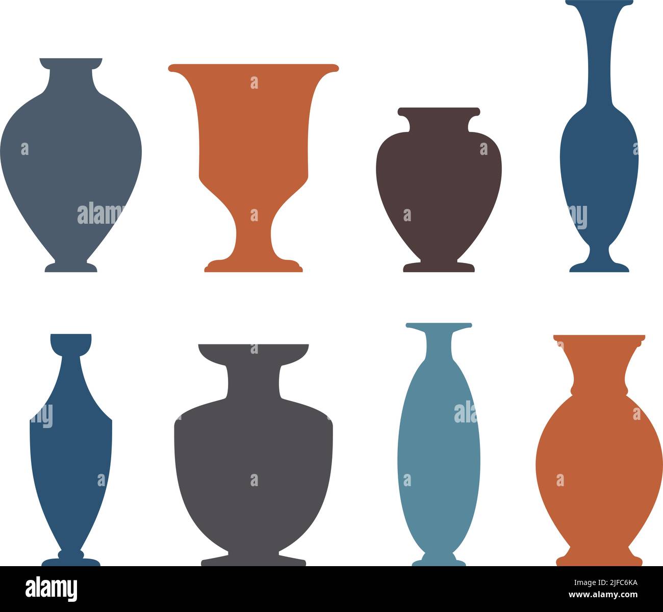 Vase and bottle silhouettes set. Different antique ceramic vases and vessels. Various forms and shapes of ancient greek jars and amphorae. Clay Stock Vector