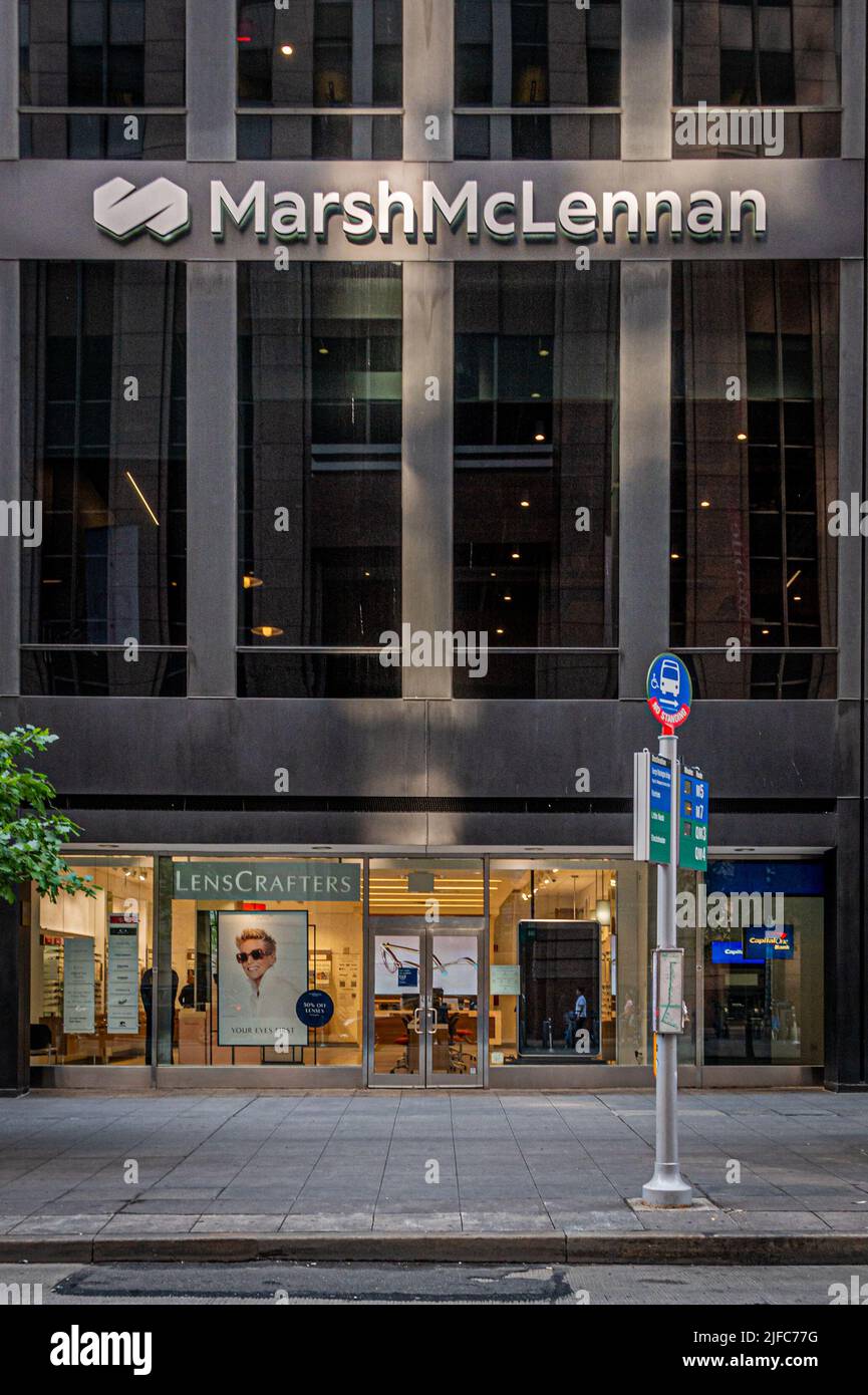 New York, USA. 01st July, 2022. Marquee at the main entrance to the Marsh McLennan Headquarters
