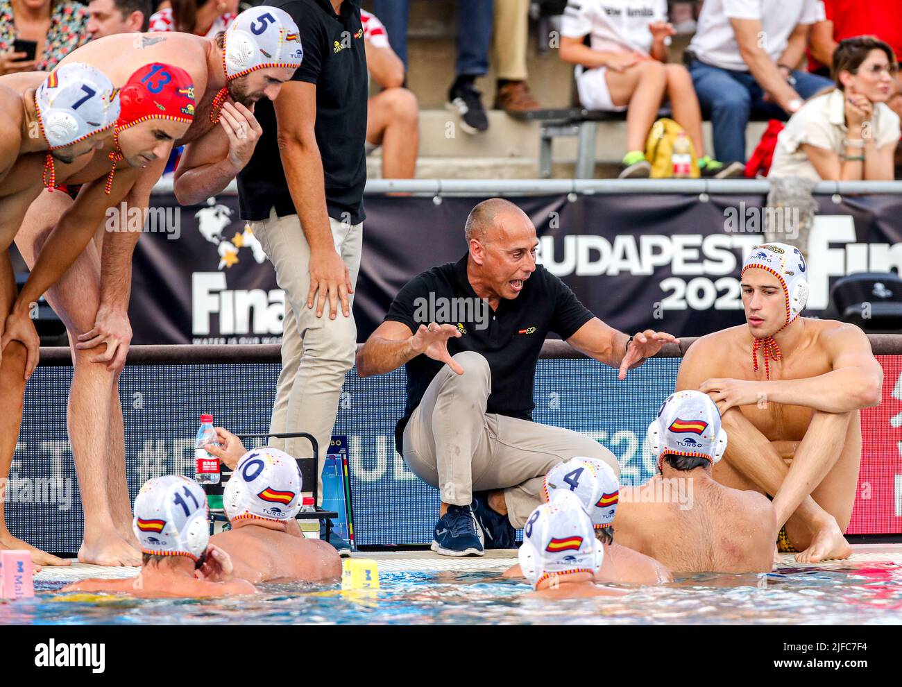 Budapest, Hungary. 01st July, 2022. BUDAPEST, HUNGARY - JULY 1: Miguel de Toro Dominguez of Spain, Felipe Perrone Rocha of Spain, Head coach David Martin Lozano of Spain, Marc Larumbe Gonfaus of Spain, Alvaro Granados Ortega of Spain during the FINA World Championships Budapest 2022 Semifinal match between Spain and Croatia on July 1, 2022 in Budapest, Hungary (Photo by Albert ten Hove/Orange Pictures) Credit: Orange Pics BV/Alamy Live News Stock Photo