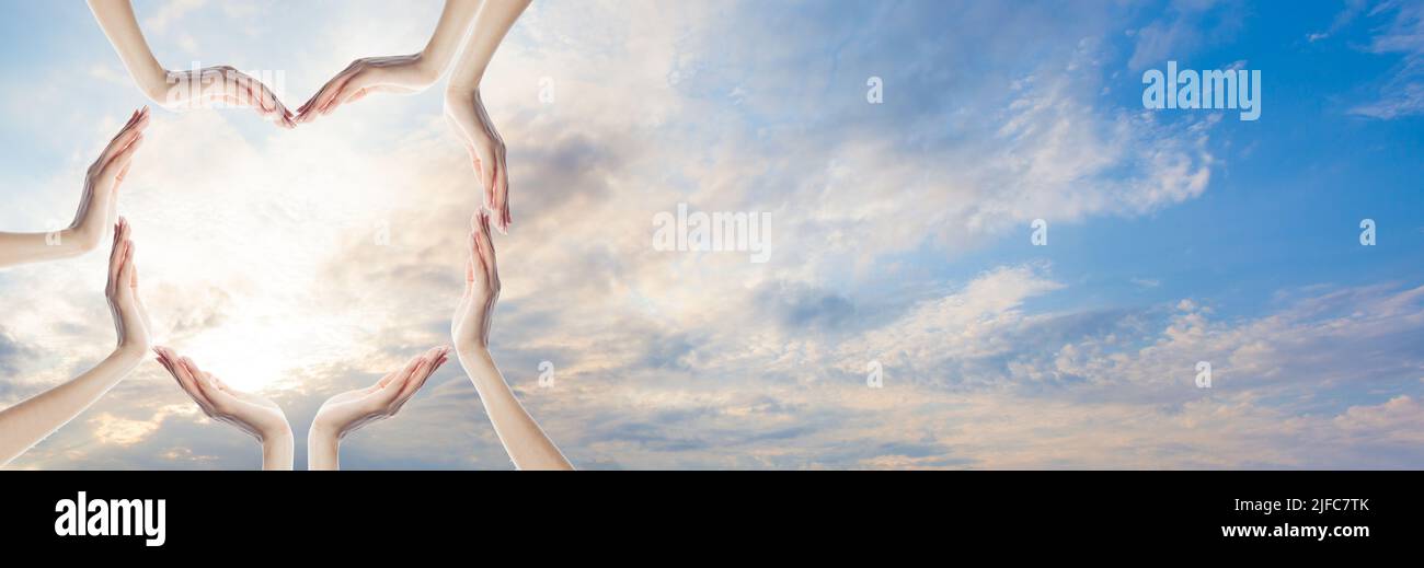 Human hands open palm up worship with faith in religion and belief in God on blessing background, Christian Religion concept background. Stock Photo