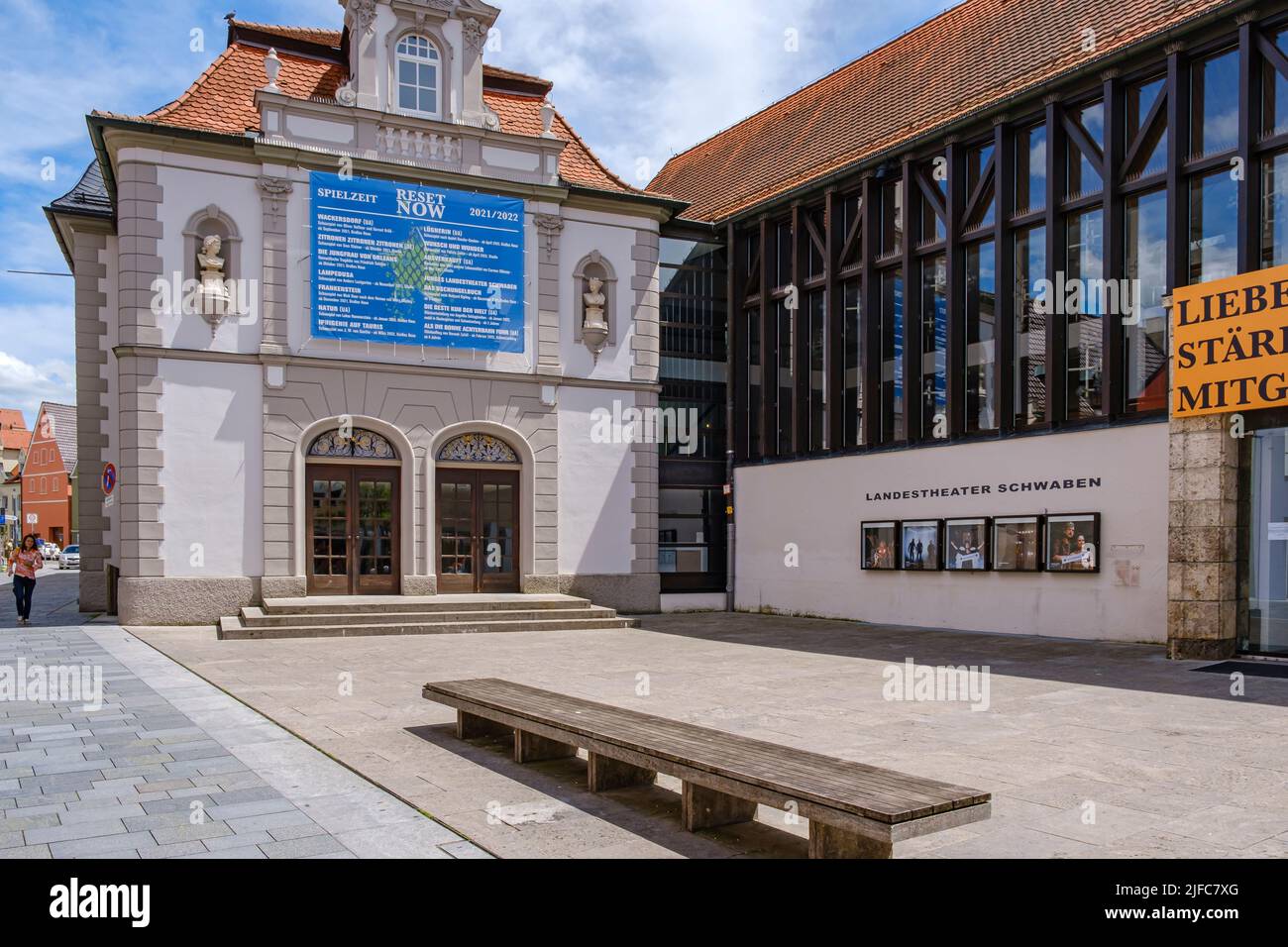 The Swabian State Theatre with the 'RESET NOW' programme for the 2021/22 season displayed on the front, Memmingen, Bavaria, Germany. Stock Photo