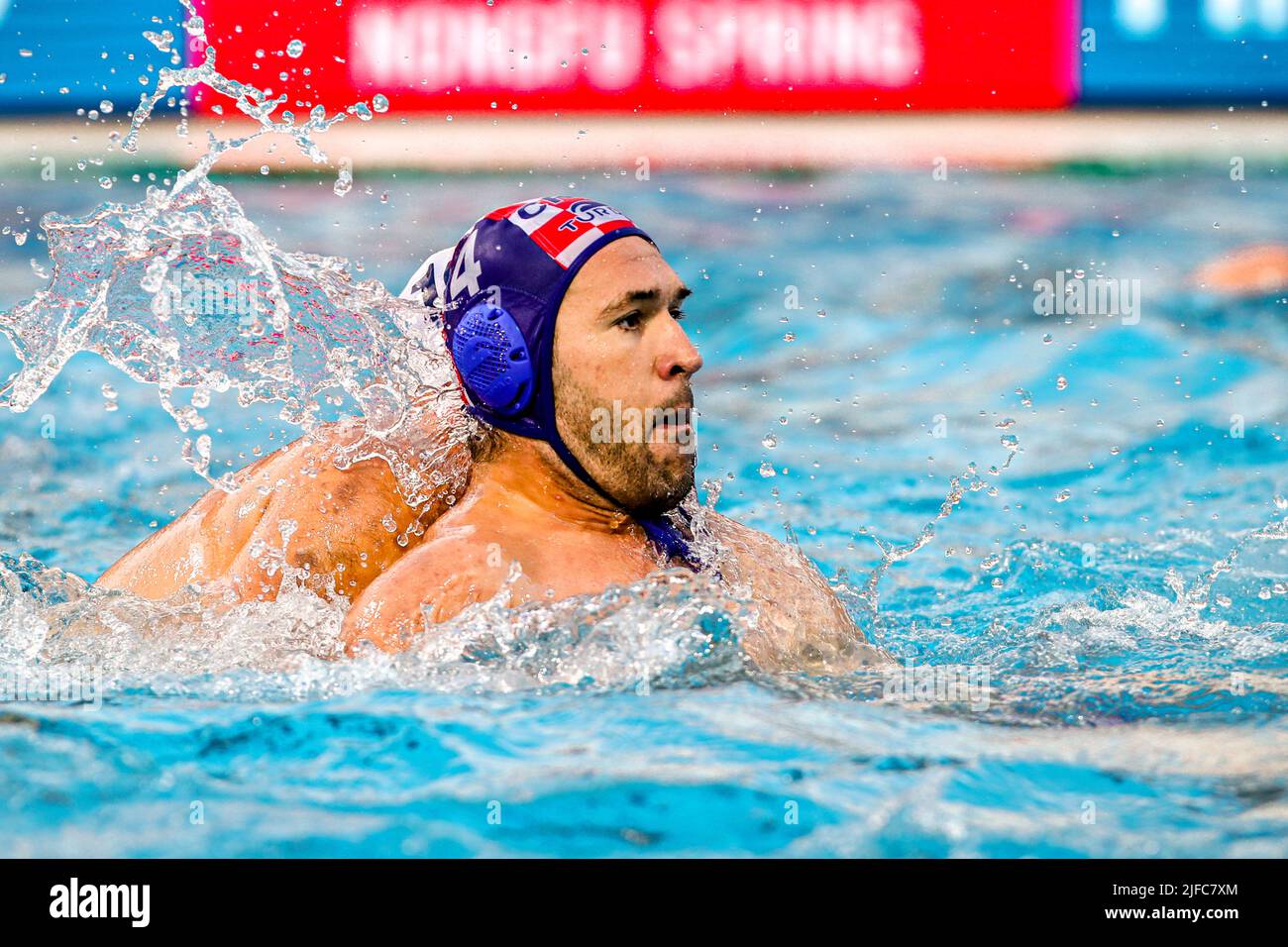 Budapest, Hungary. 01st July, 2022. BUDAPEST, HUNGARY - JULY 1: Felipe Perrone Rocha of Spain, Ivan Krapic of Croatia during the FINA World Championships Budapest 2022 Semifinal match between Spain and Croatia on July 1, 2022 in Budapest, Hungary (Photo by Albert ten Hove/Orange Pictures) Credit: Orange Pics BV/Alamy Live News Stock Photo