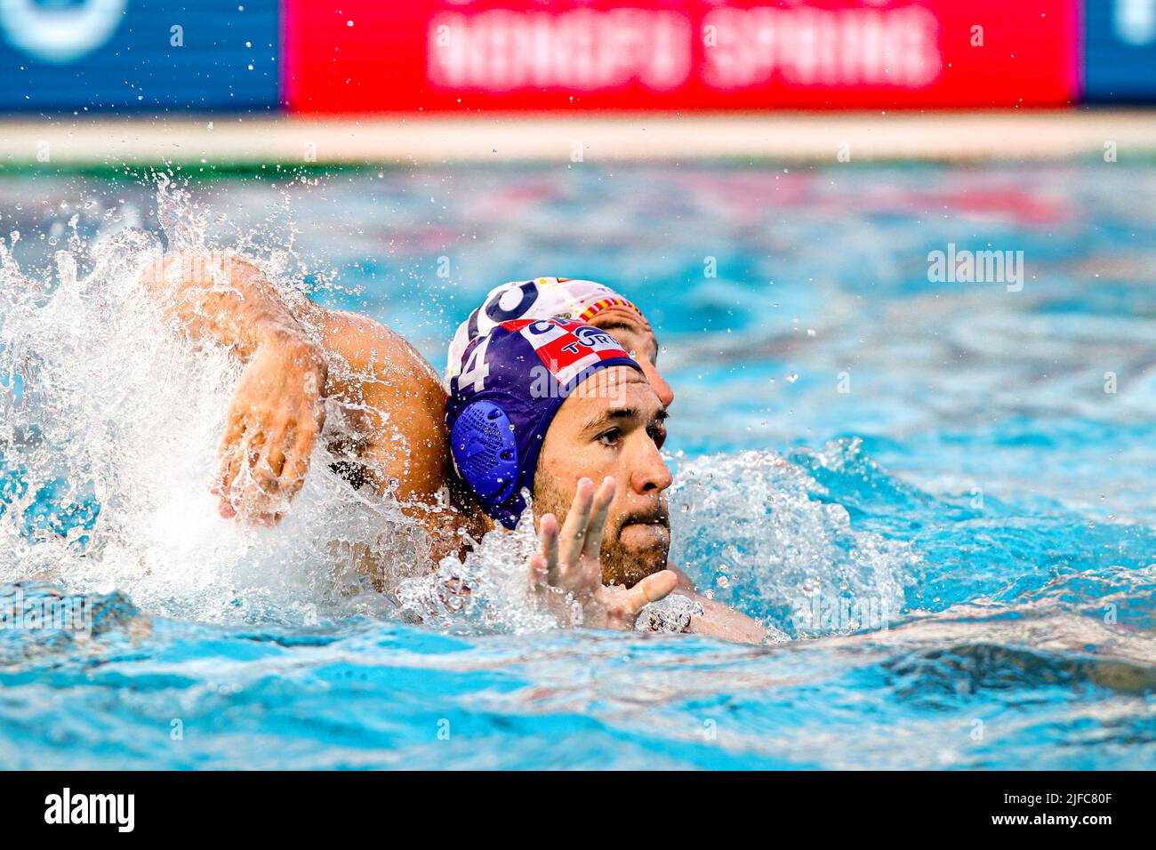 Budapest, Hungary. 01st July, 2022. BUDAPEST, HUNGARY - JULY 1: Felipe Perrone Rocha of Spain, Ivan Krapic of Croatia during the FINA World Championships Budapest 2022 Semifinal match between Spain and Croatia on July 1, 2022 in Budapest, Hungary (Photo by Albert ten Hove/Orange Pictures) Credit: Orange Pics BV/Alamy Live News Stock Photo