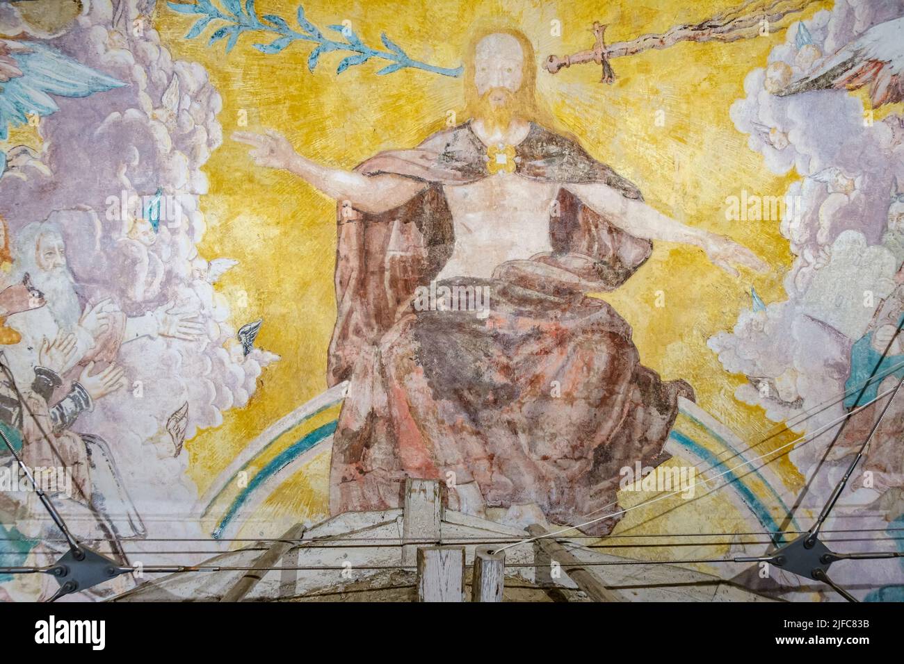 Last Judgement, secco painting from 1587 and restored in 2017, in the attic of St. Martin's Church, Memmingen, Lower Allgäu region, Bavaria, Germany. Stock Photo