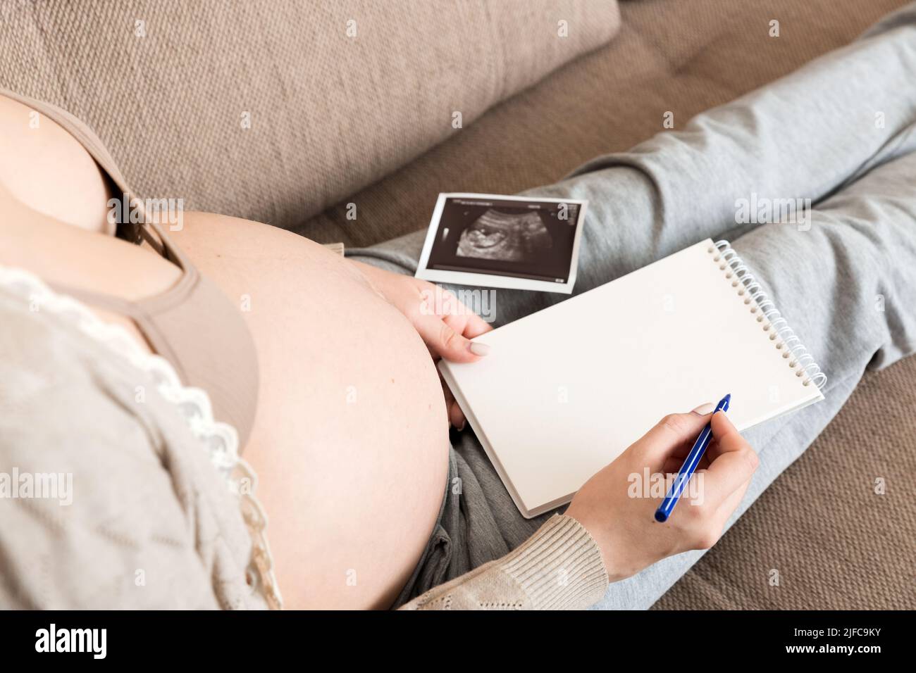 Maternity Writing Top view caring future mother writing diary with ultrasound. pregnant ...