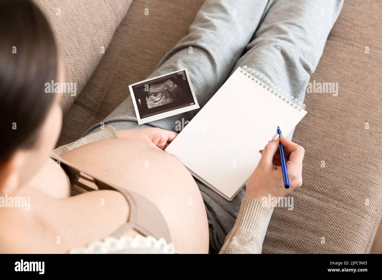 Maternity Writing Top view caring future mother writing diary with ultrasound. pregnant ...