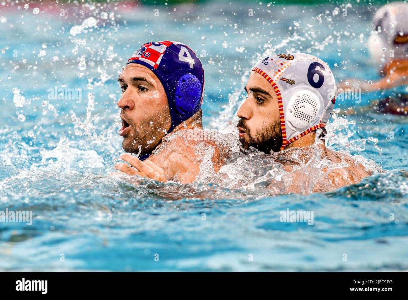Budapest, Hungary. 01st July, 2022. BUDAPEST, HUNGARY - JULY 1: Ivan Krapic of Croatia, Marc Larumbe Gonfaus of Spain during the FINA World Championships Budapest 2022 Semifinal match between Spain and Croatia on July 1, 2022 in Budapest, Hungary (Photo by Albert ten Hove/Orange Pictures) Credit: Orange Pics BV/Alamy Live News Stock Photo
