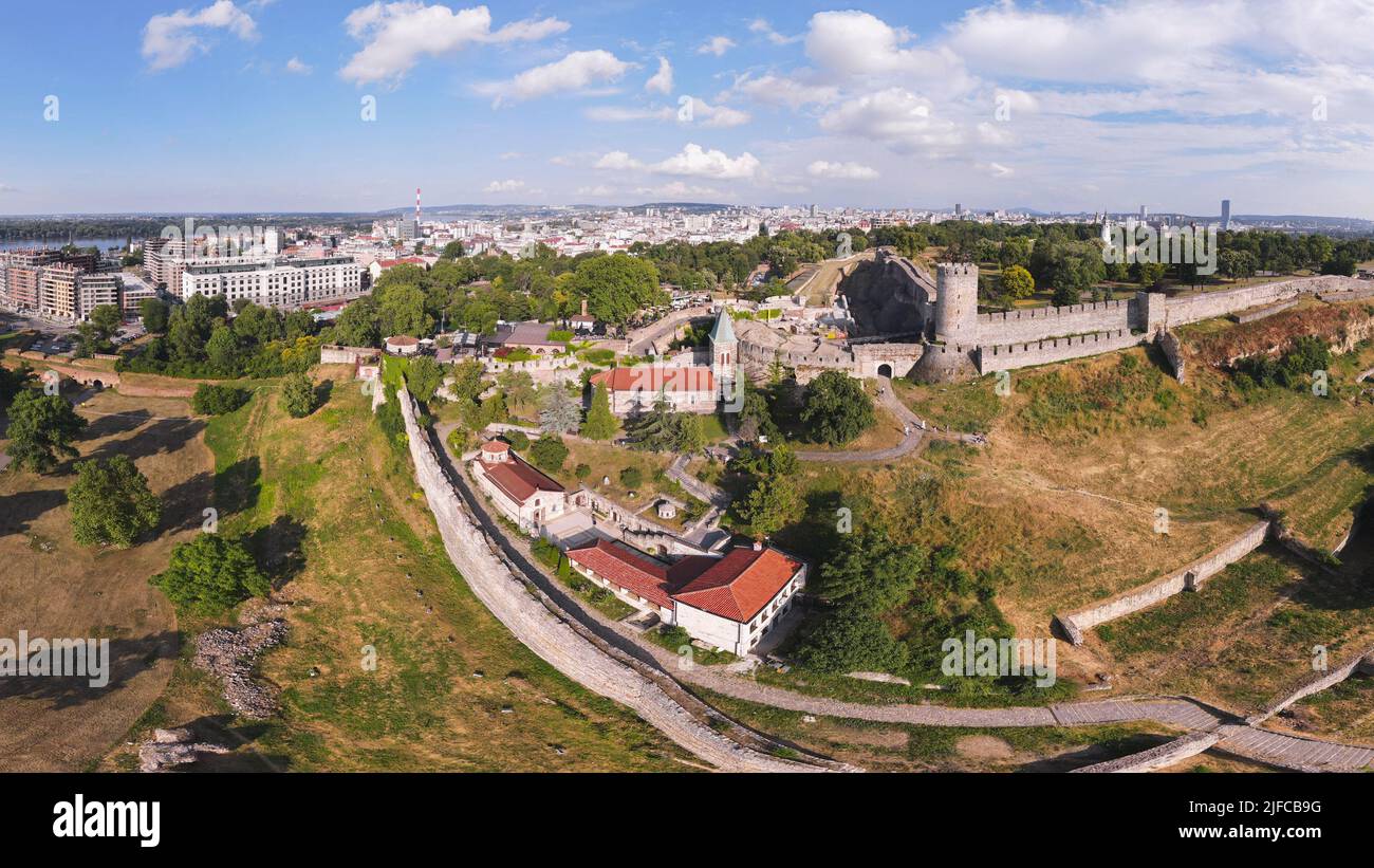 Aerial view of Kalemegdan fortress, Belgrade, Serbia.  View  over church and Kalemegdan park towards Belgrade city center Stock Photo