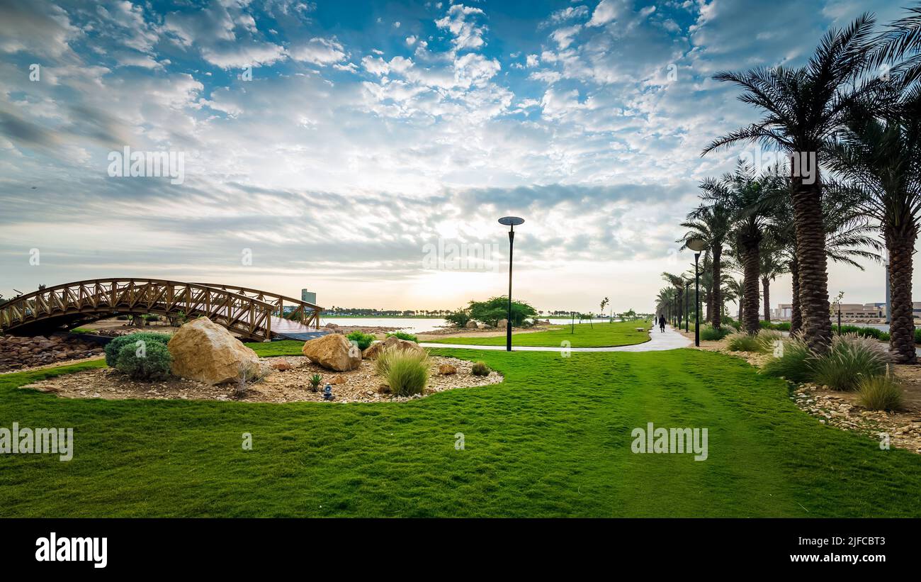 Beautiful Modon Lake Morning view-Dammam Saudi Arabia. Stock Photo