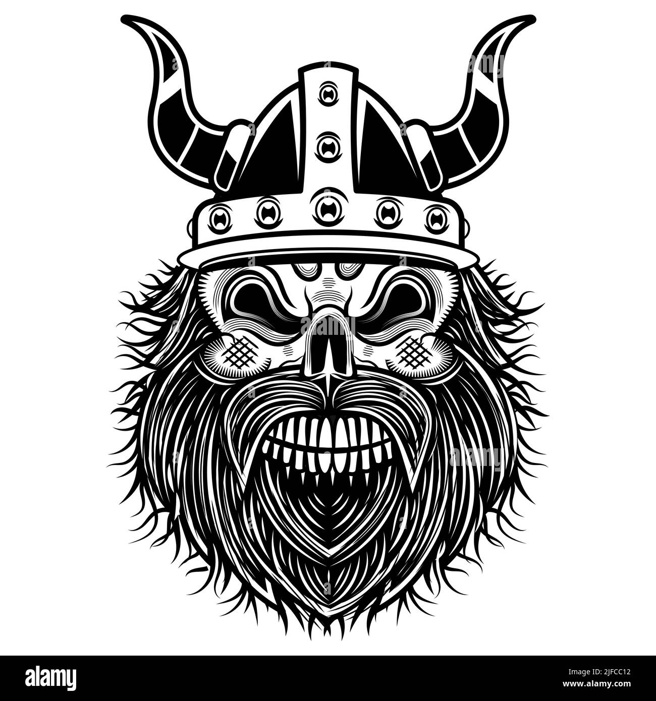 Scandinavian supreme god of Norse mythology - Odin. Hand drawing of Odin  Head. Cartoon bearded man character. God Odin, Wotan tattoo. Traditional  norse ornament. Vector graphics to design Stock Vector